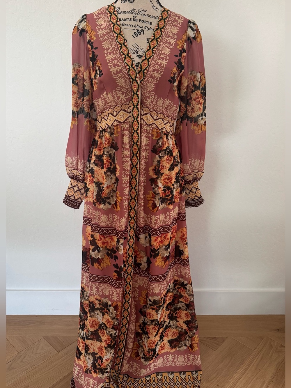 Anthropologie Vineet Bahl Floral Maxi Dress Pink Boho Long Sleeve